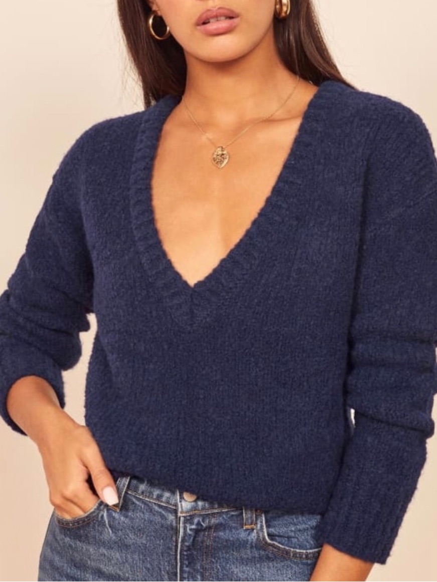 Reformation Amelia Women’s V-Neck Cozy Knit Alpaca Sweater Navy Size Small